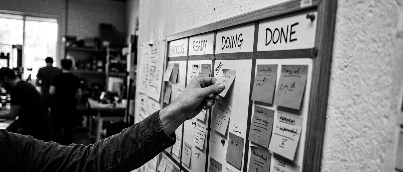 Mão movendo um post-it num quadro kanban