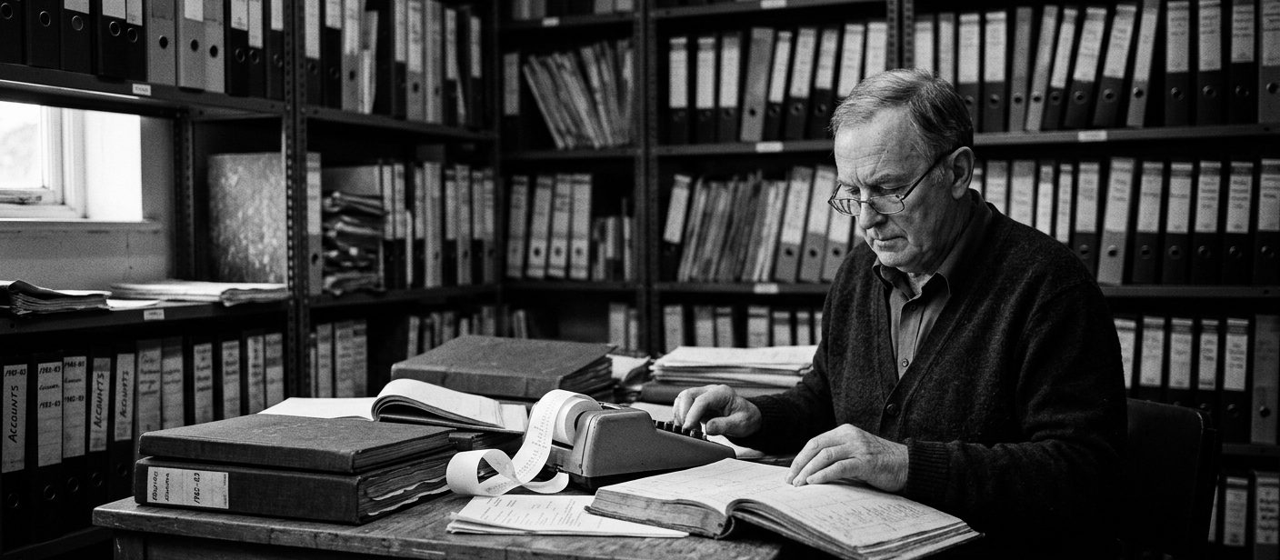 Arquivo com prateleiras de pastas e uma pessoa consultando um livro-razão