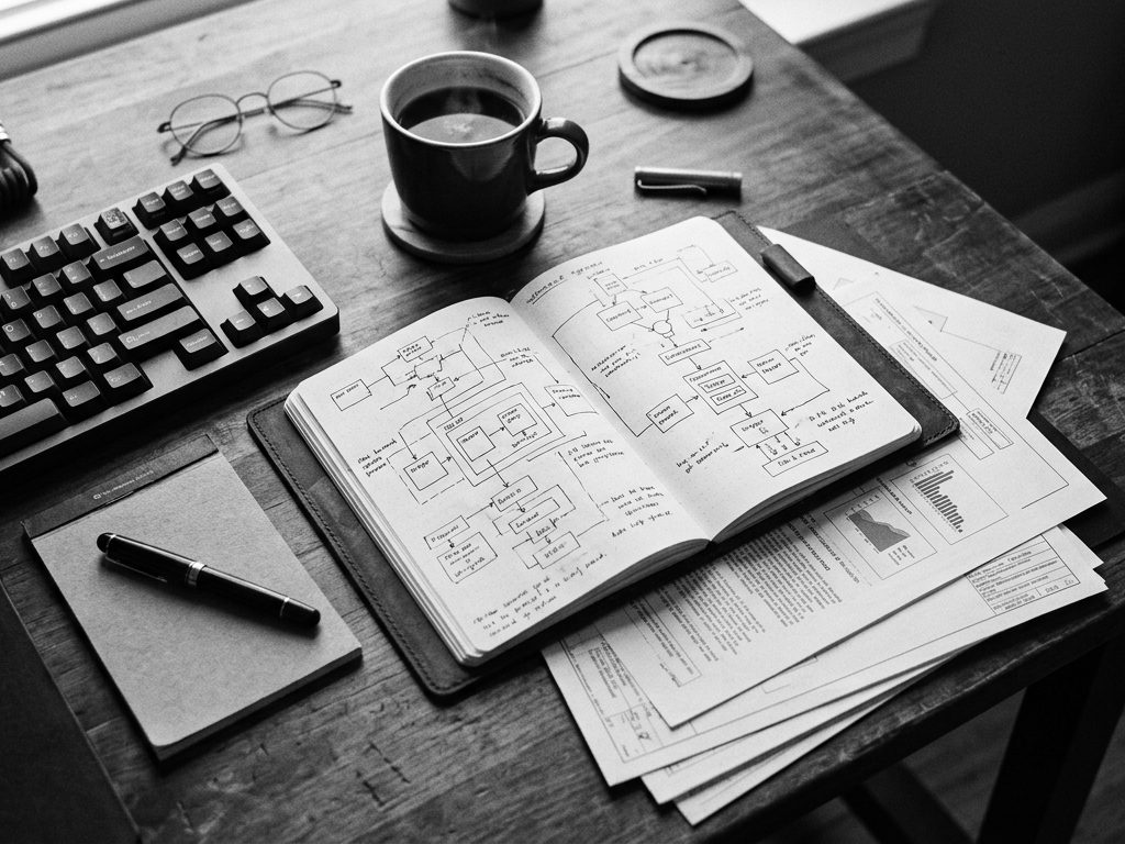 Mesa de trabalho vista de cima, com caderno de diagramas, teclado e café