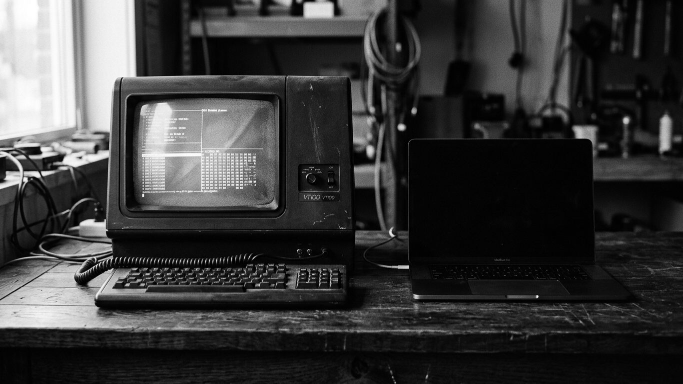 Terminal de computador antigo ao lado de um notebook moderno