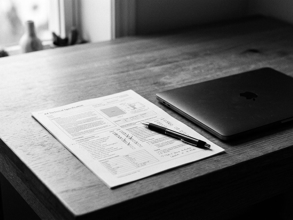 Documento de especificação impresso ao lado de um notebook fechado