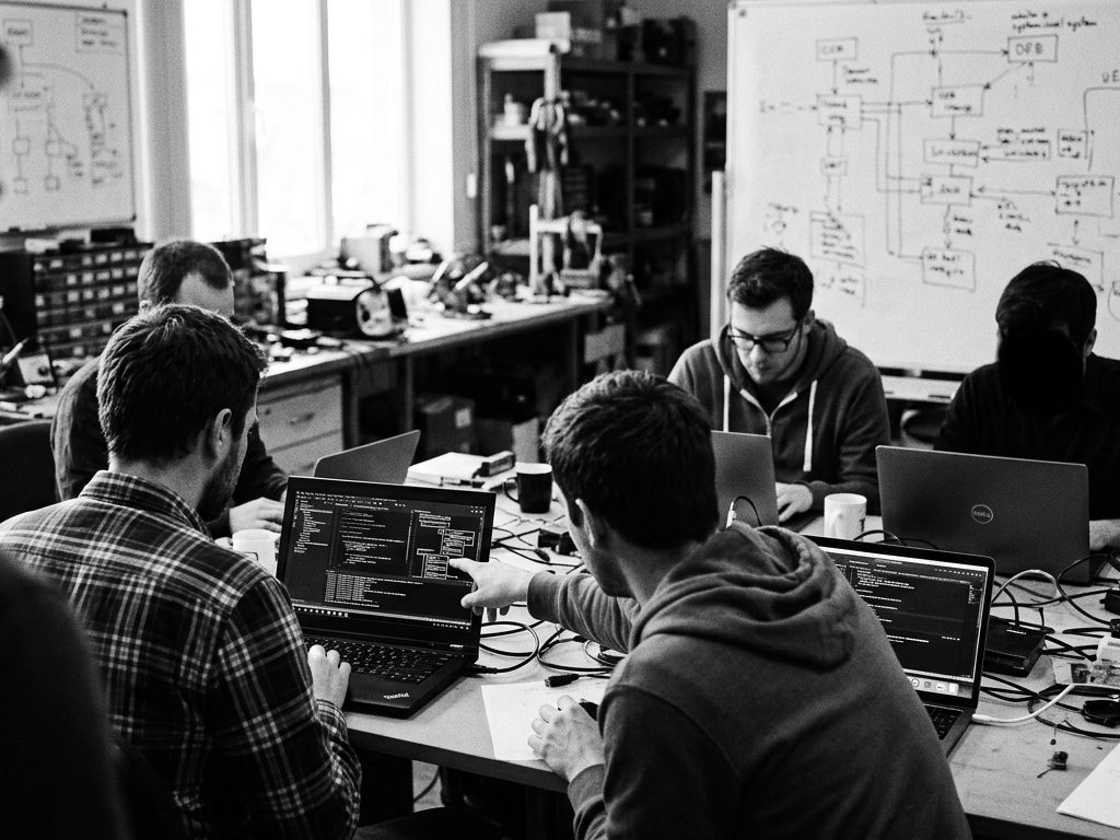 Time em workshop ao redor de notebooks, com um quadro de diagramas ao fundo